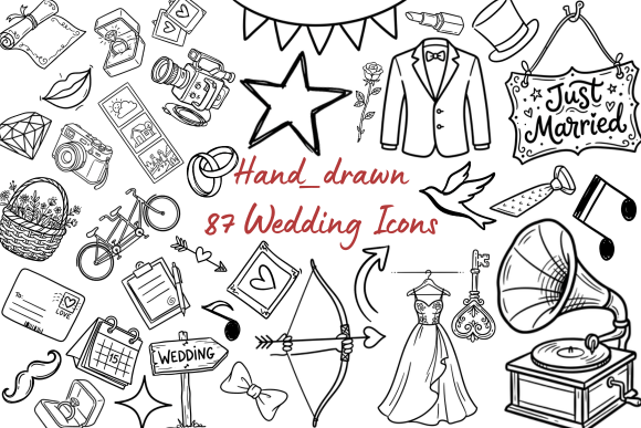 Download 87 Hand-Drawn Wedding Doodle Icons - Wedding Collection